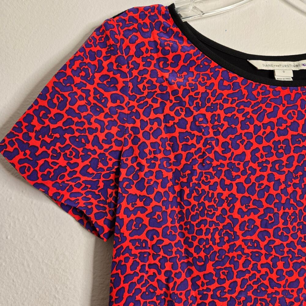 Diane Von Furstenburg Silk Mixed Media Leopard Print Short Sleeve Blouse 0 Edgy